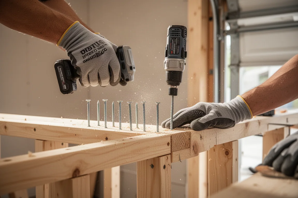 Contratto che avvita viti nel legno della struttura con un avvitatore a impulsi a batteria