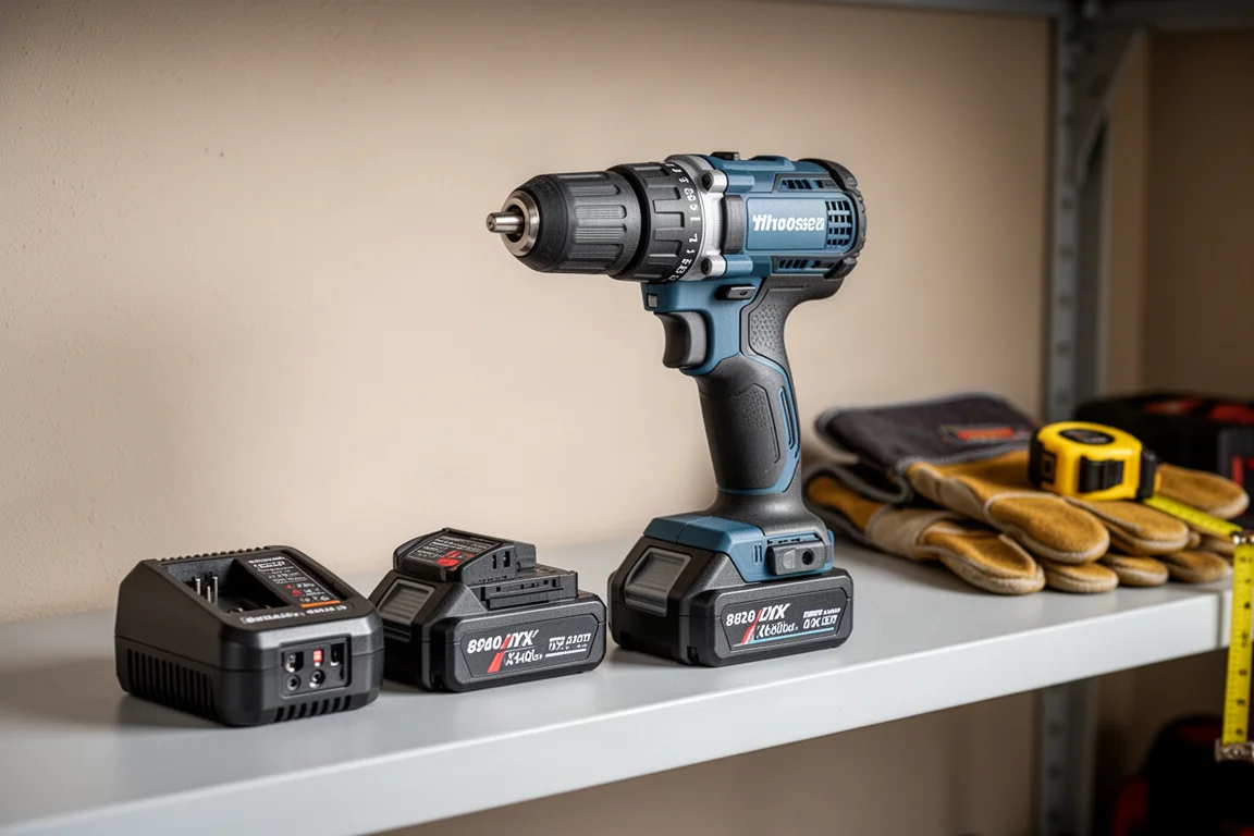 Kit trapano a percussione a batteria con due batterie e caricabatterie su una mensola del garage