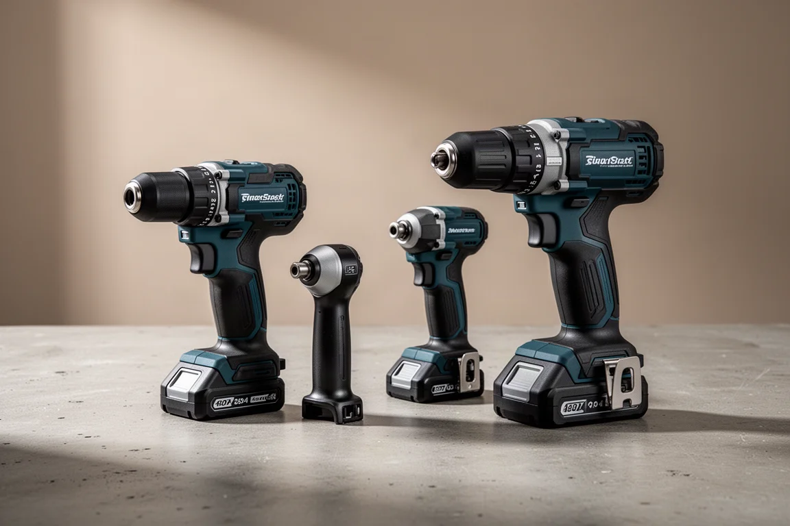 Three Makita cordless drills and impact drivers arranged on a concrete surface