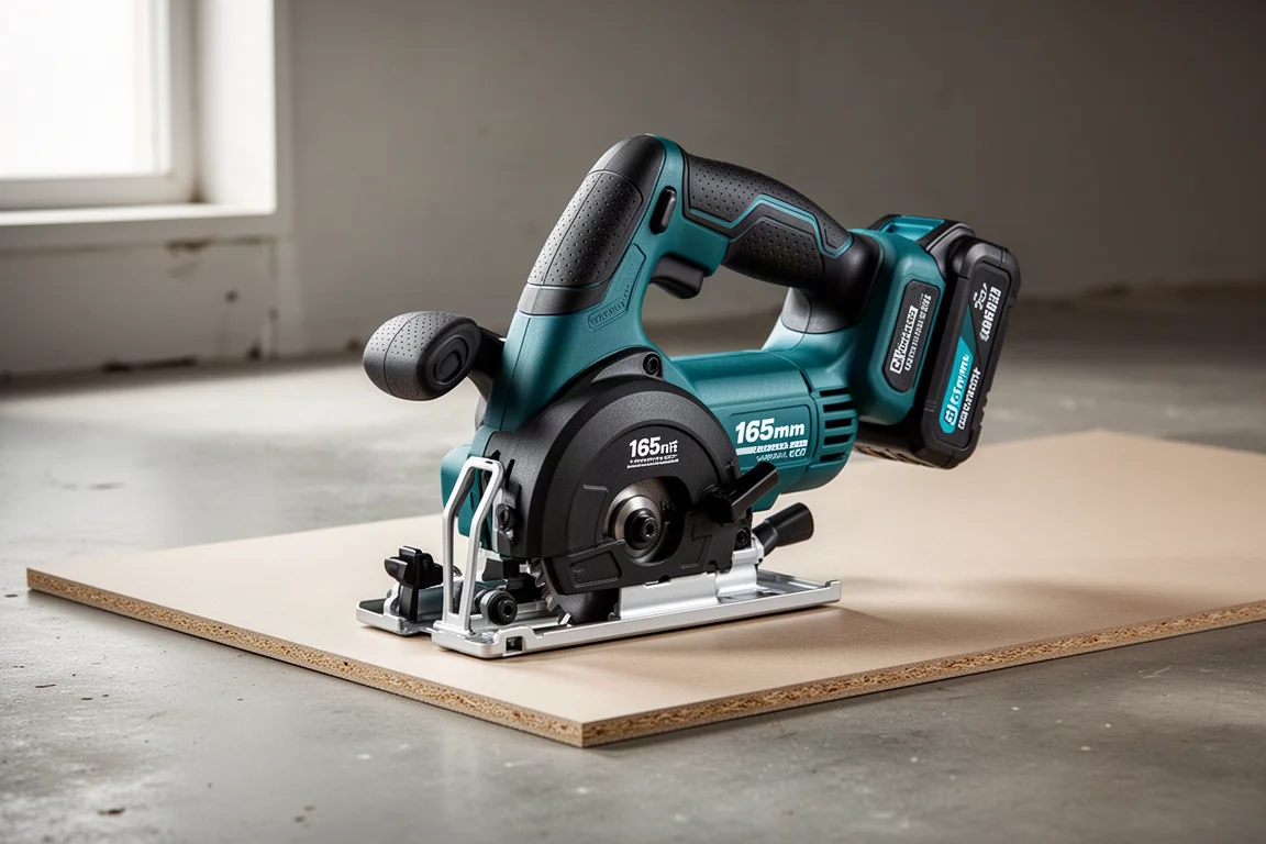 Makita DSP601 cordless plunge saw resting on a laminated board in a workshop
