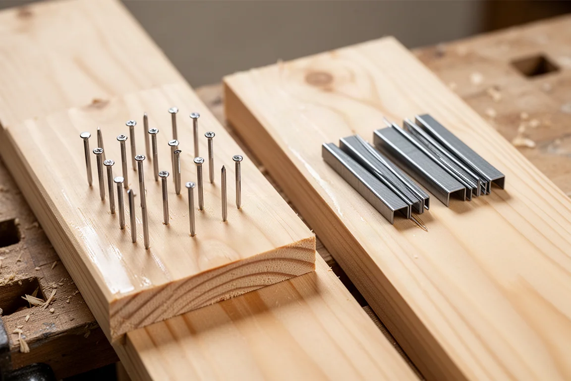Staples and brad nails driven into pine boards for a pull-out comparison