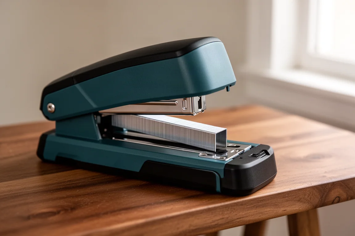 Magazine of a cordless stapler open with a strip of staples being loaded