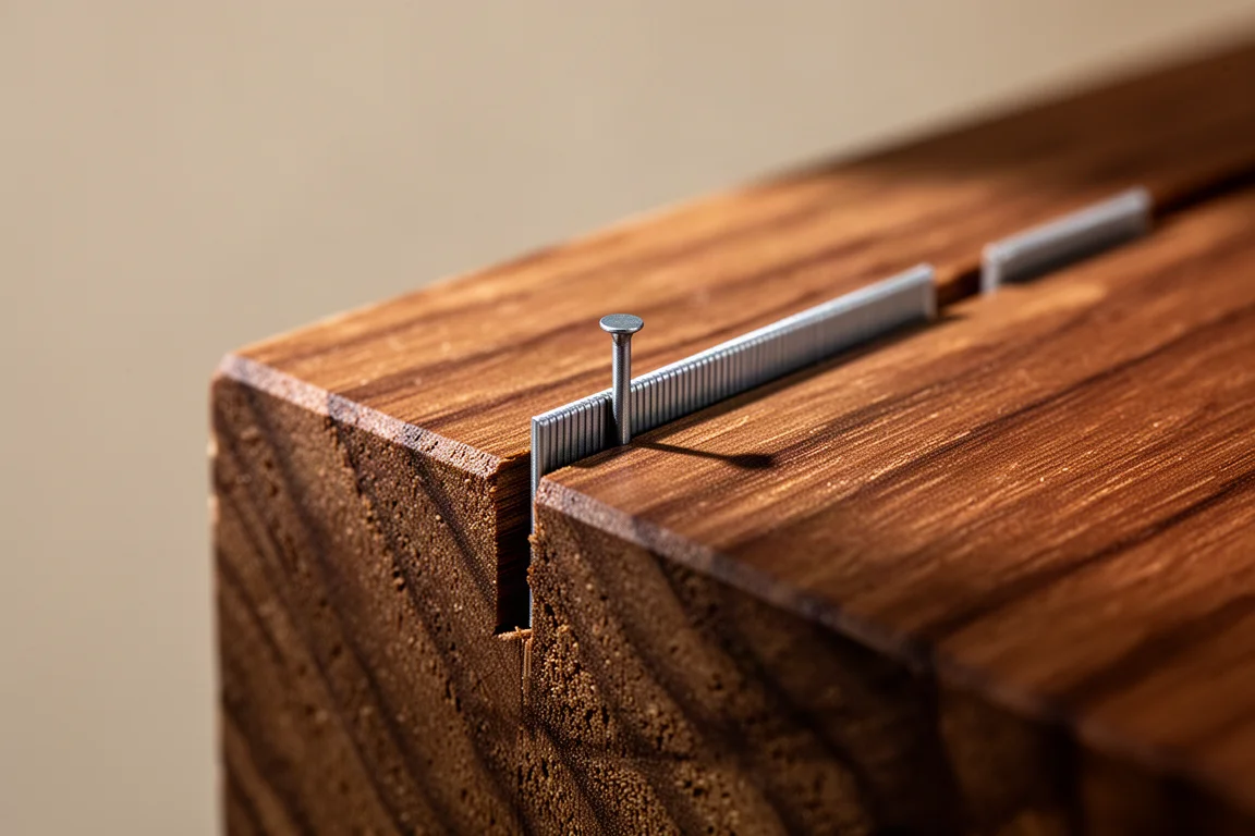 Staples driven flush into hardwood timber surface