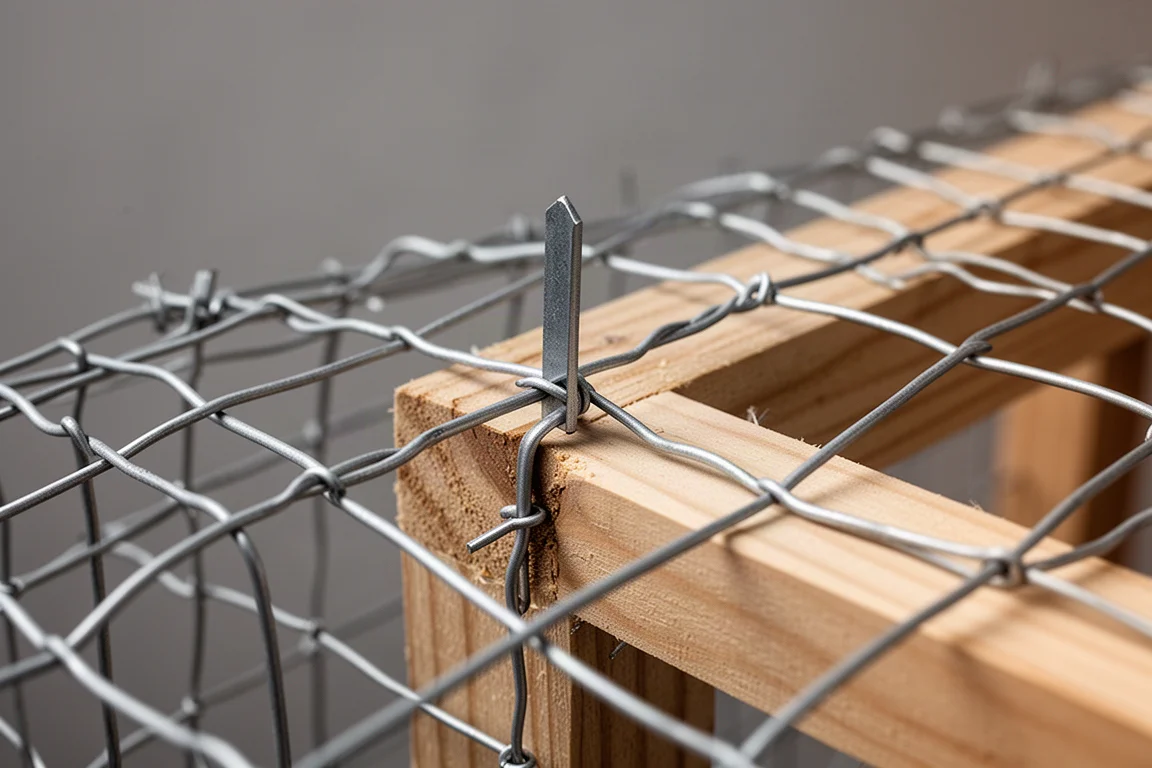 Wire mesh held flat against timber by a staple pressed to a shallow depth