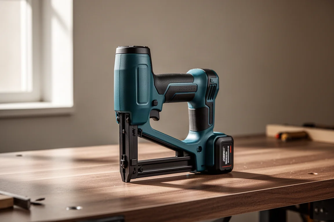 Makita DST630 cordless narrow crown stapler standing on a wooden workbench