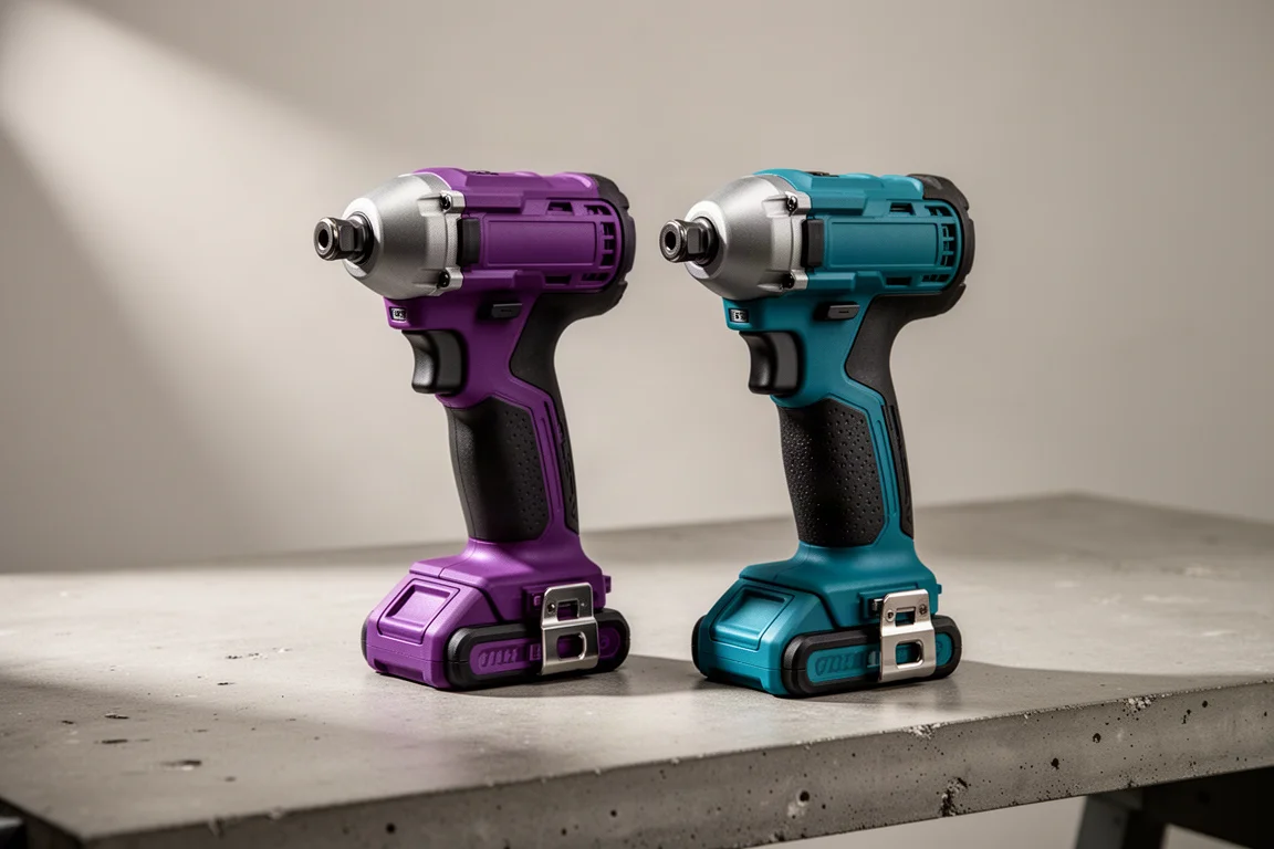 Purple and teal Makita impact drivers side by side on a concrete workbench