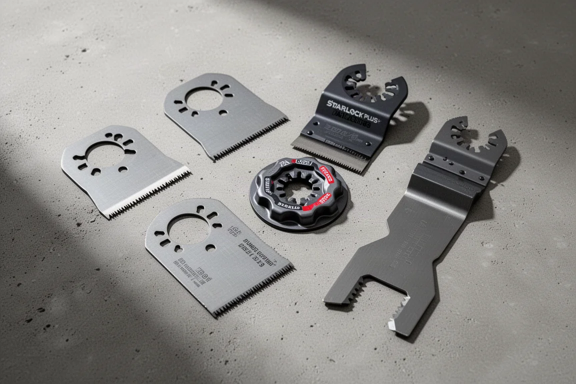 Assortimento di lame per multi-tool disposte su una superficie in cemento