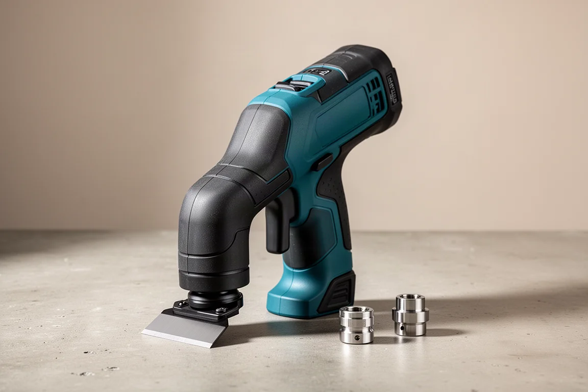 Cordless oscillating multi-tool with adapter pieces on a concrete surface