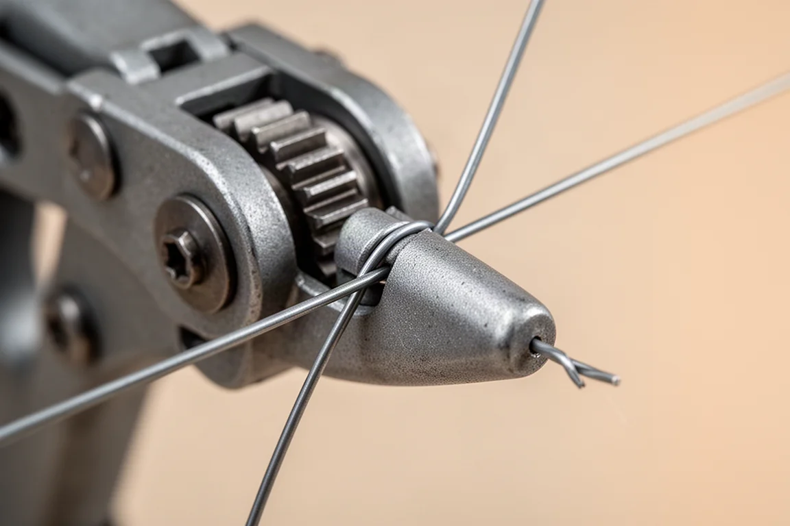 Zbliżenie na drut wiązańowy przechodzący przez mechanizm przekładni zaciskarki do zbrojenia