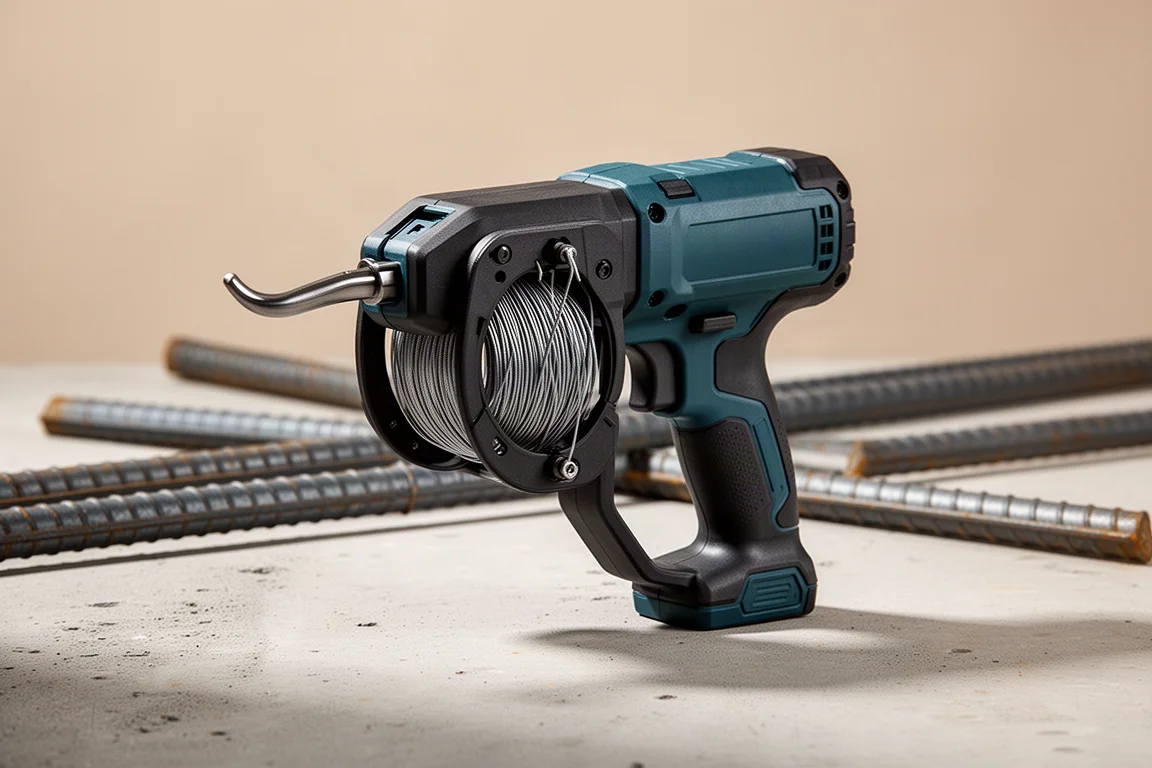 Makita DTR-180 cordless rebar tying tool with tie wire spool on concrete