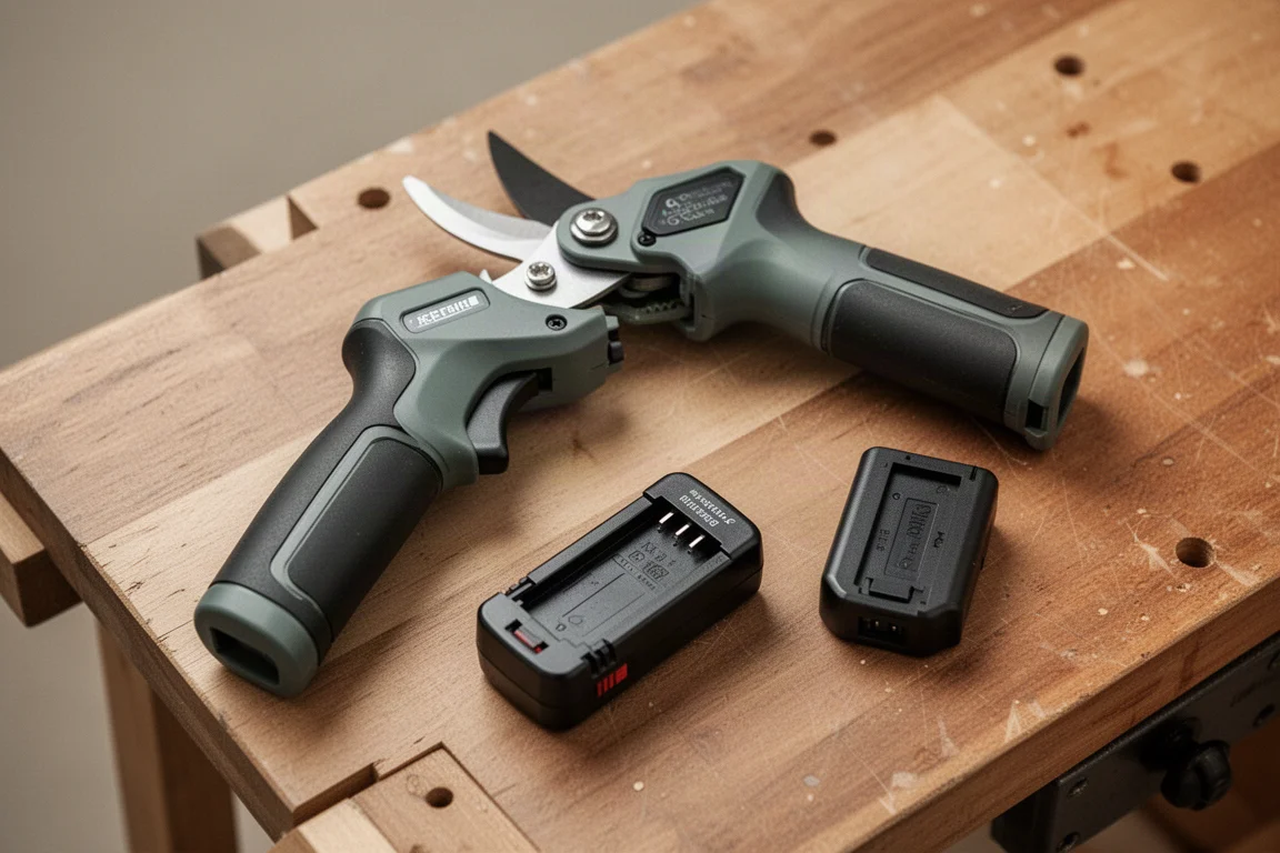 Batteridriven beskärningssax med batteri och laddare utlagda på en träbänk