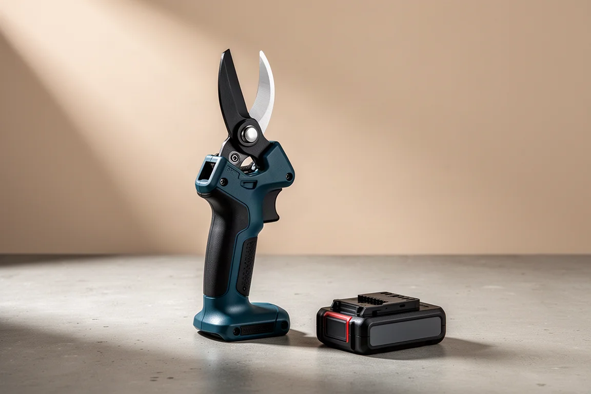 Makita DUP181 cordless pruning shears standing beside a battery on concrete