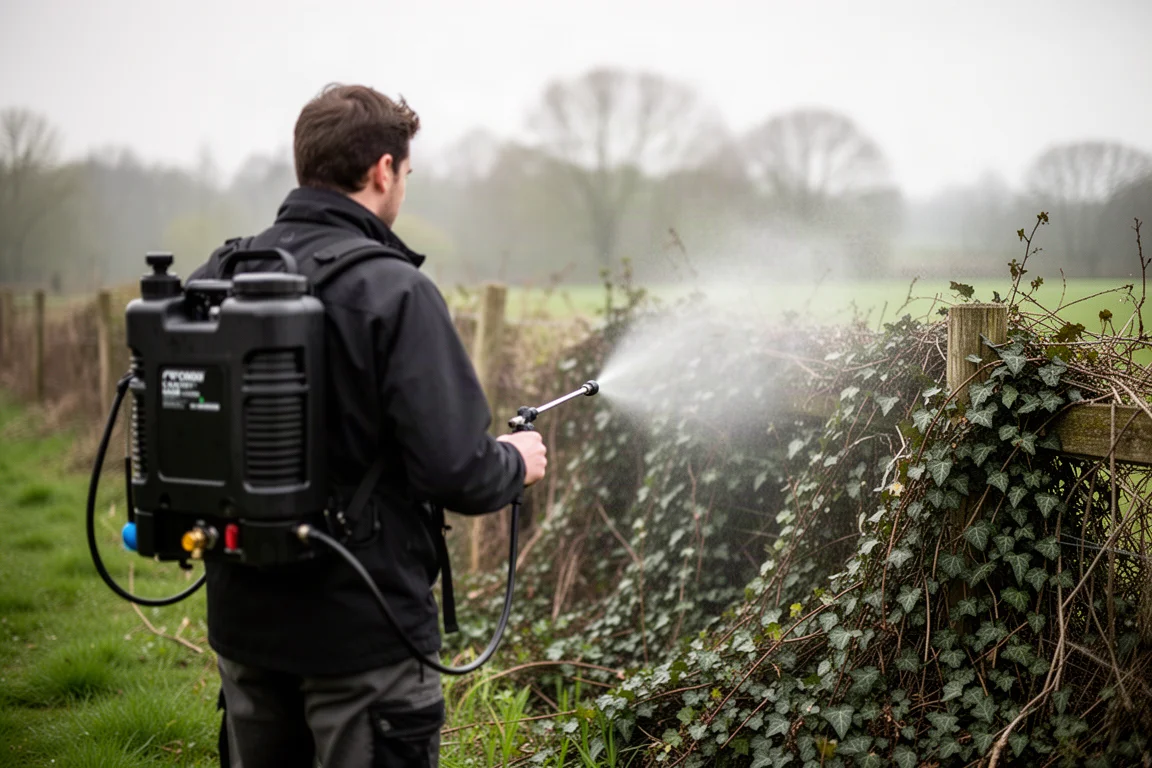 Backpack sprayer being worn while spraying weeds along a fence line