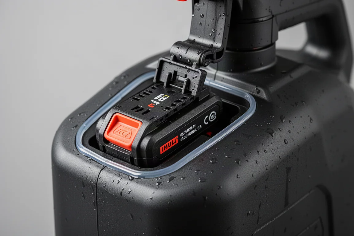 Battery pack inserted in the sprayer's battery compartment showing the spring-loaded ejection mechanism