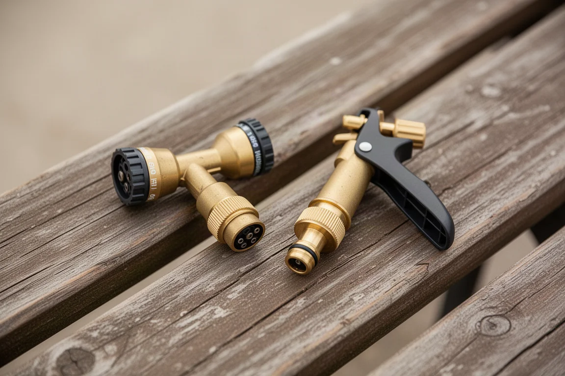 Two different spray nozzle heads lying side by side on a wooden bench