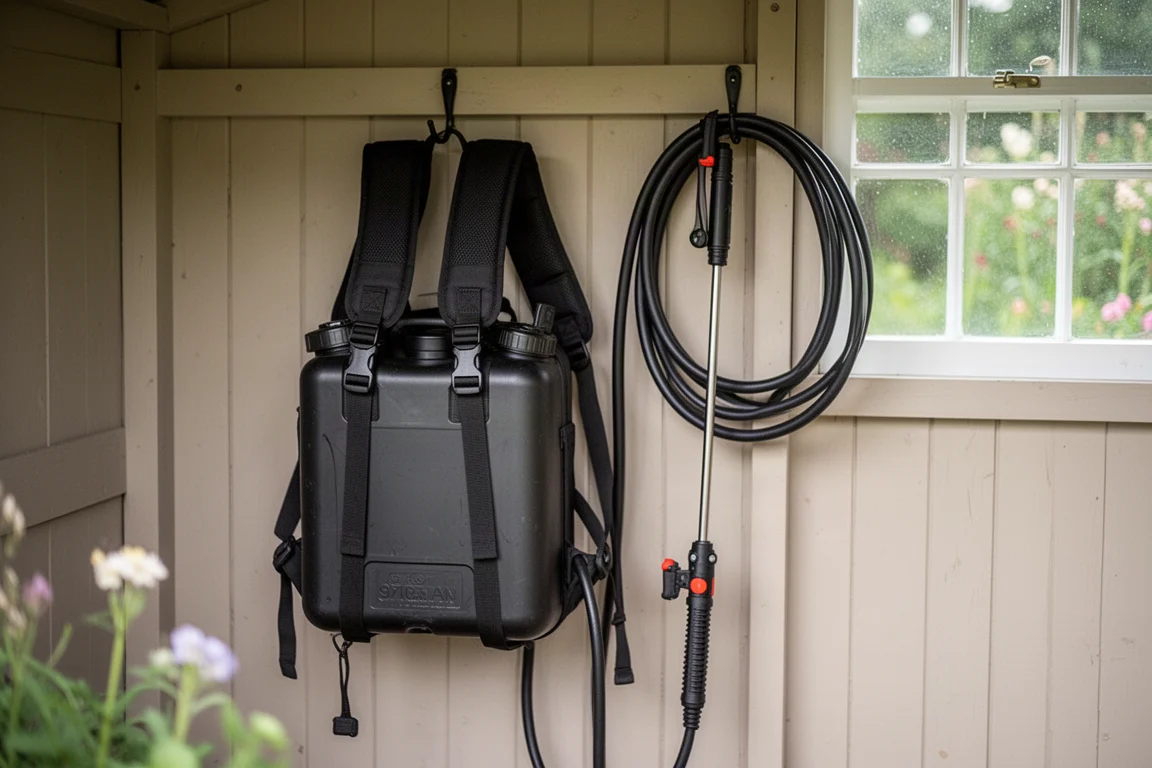 Backpack sprayer straps clipped together and hanging neatly on a garage wall hook