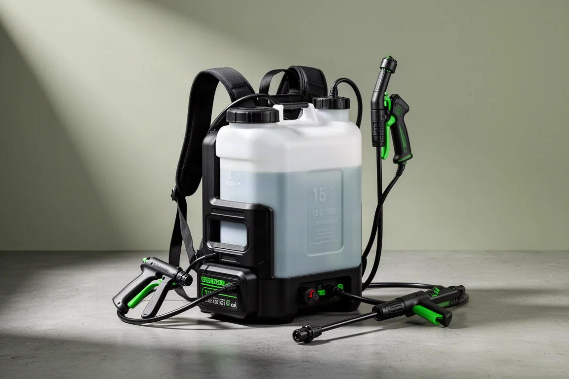 Makita DUS158 18V 15-litre backpack sprayer with tank, straps, and lance on concrete