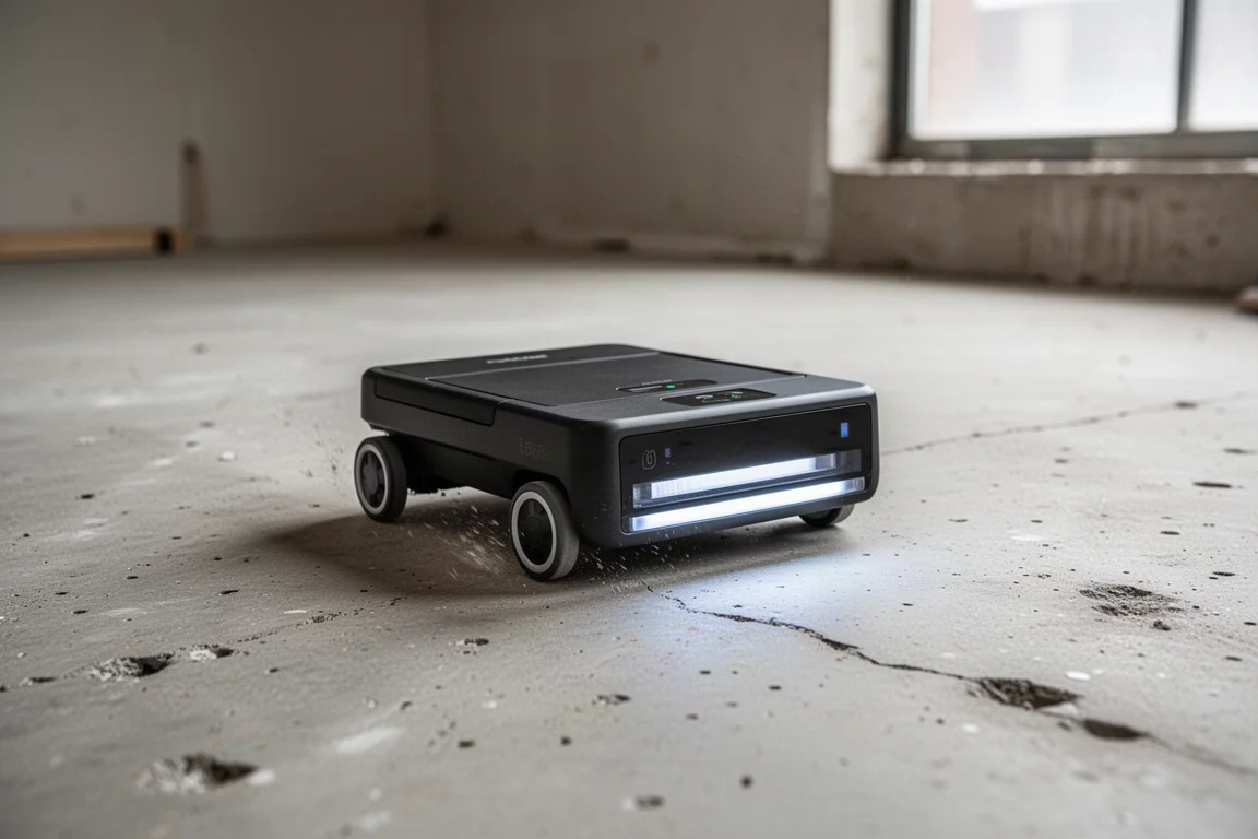 Scanner rolling across a concrete surface with its wheels in contact with the ground