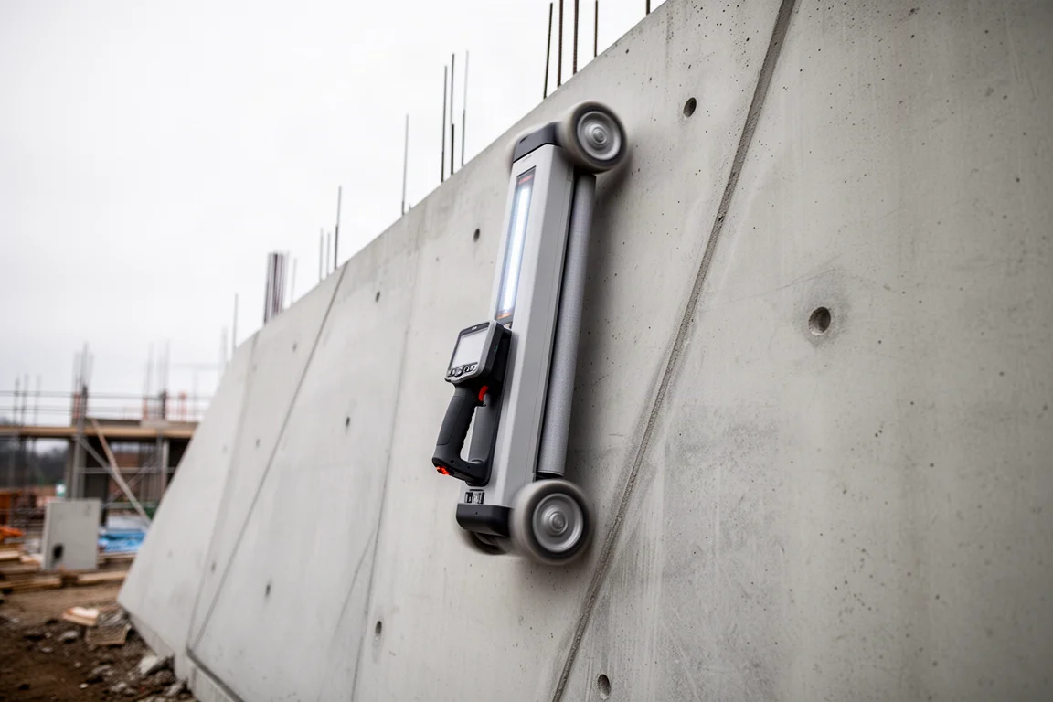 Scanner being rolled vertically up a concrete tilt slab wall