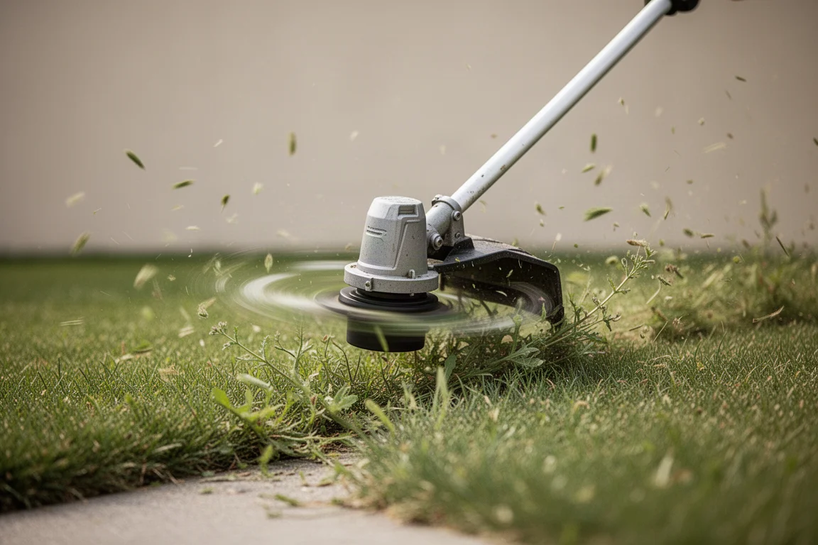 Fadentrimmer mäht leichtes Unkraut und Gras in einem Garten