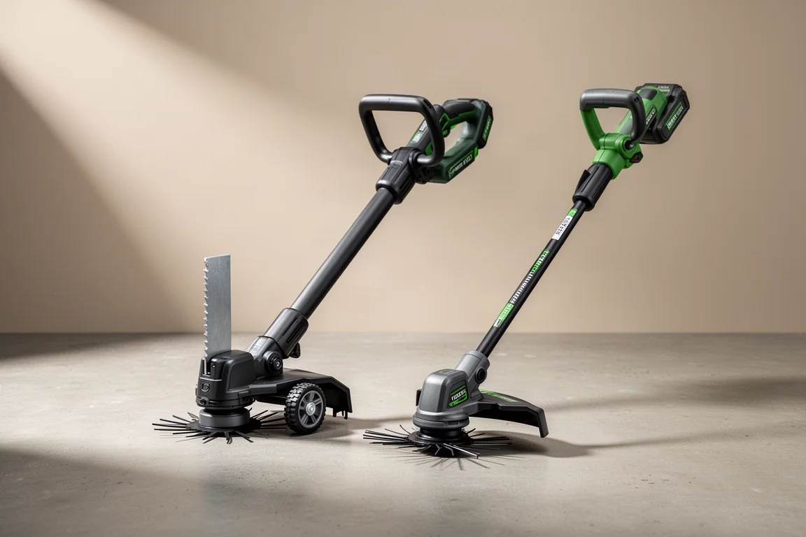 Makita edger and line trimmer attachments on a concrete surface