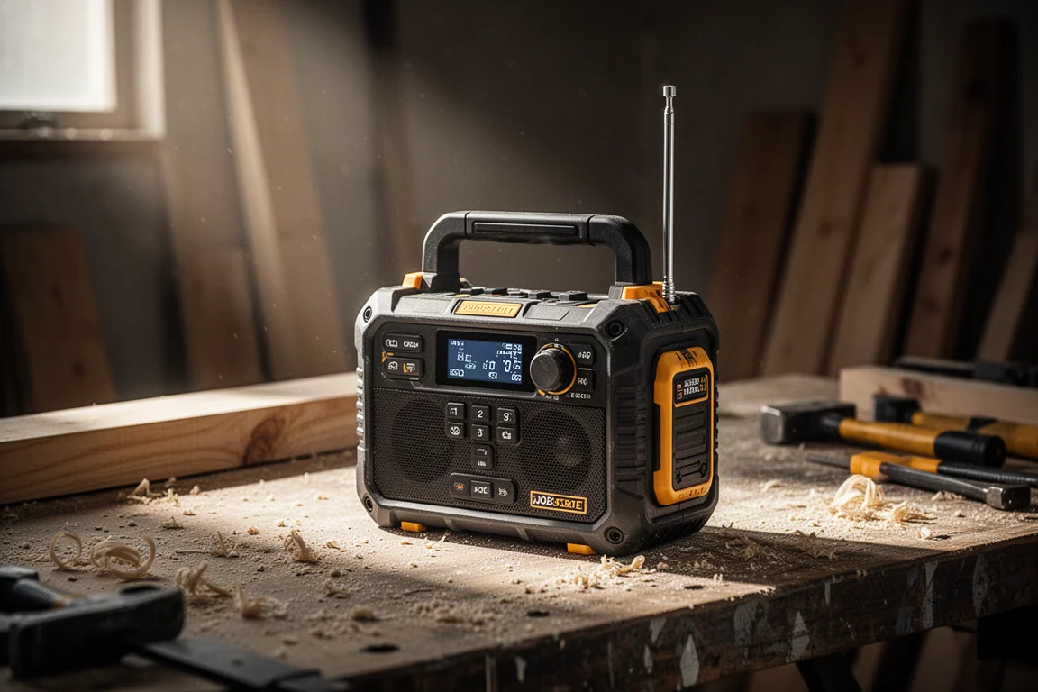 Radio de obra sobre un banco de trabajo en un taller poco iluminado