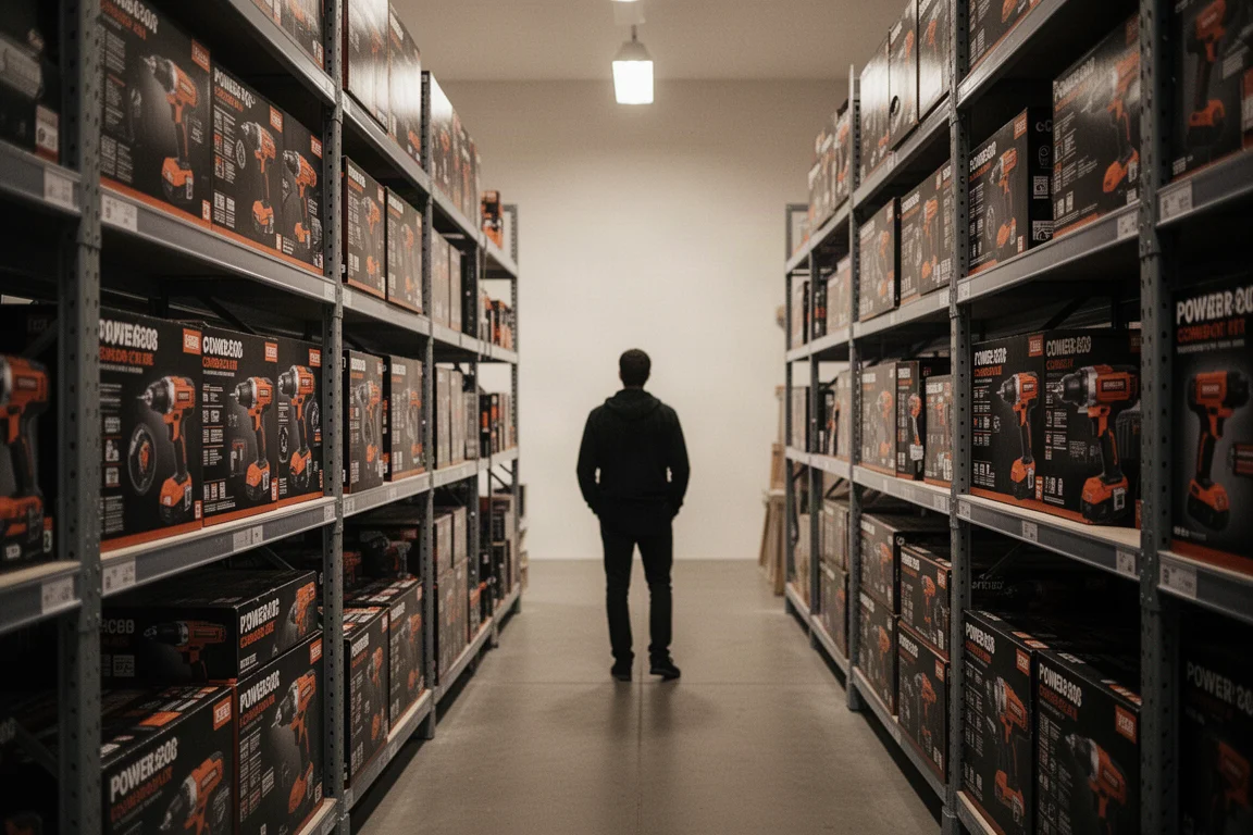 Comprador comparando kits combinados de herramientas eléctricas en una estantería de tienda