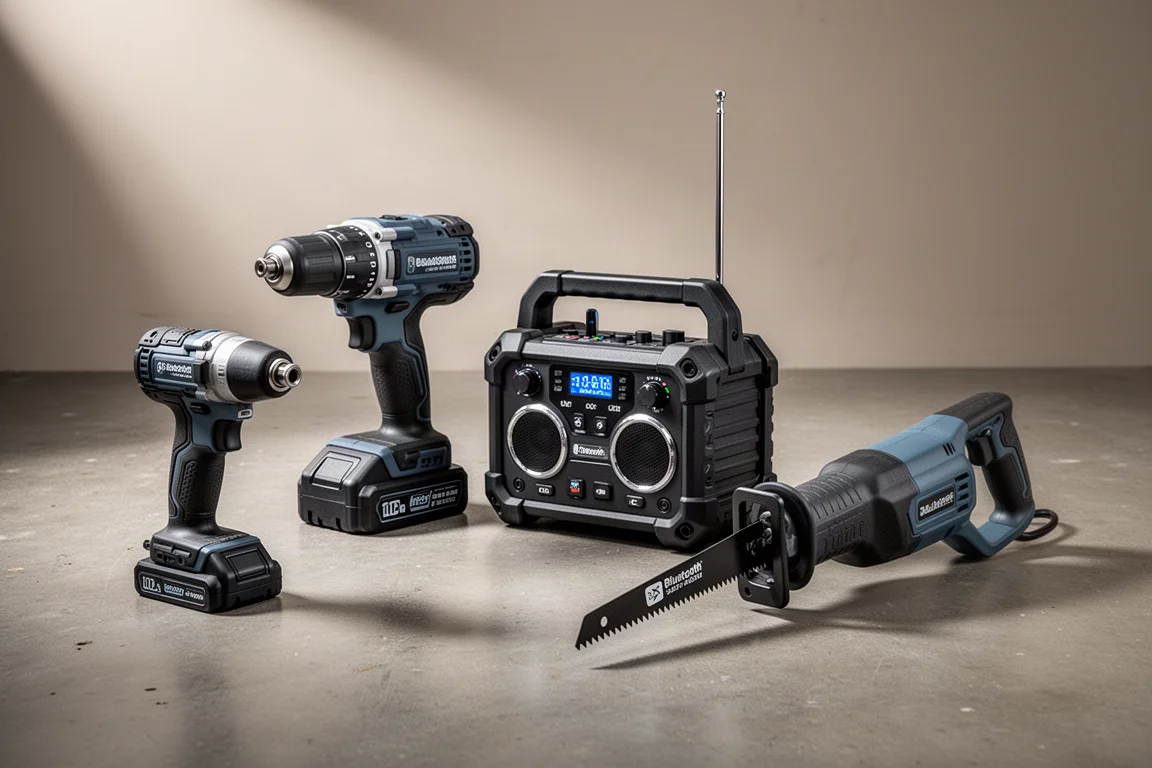 Cordless power tools including an impact driver, hammer drill, radio, and reciprocating saw on concrete