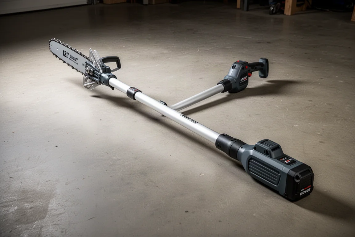 Makita pole saw attachment laid on a concrete workshop floor