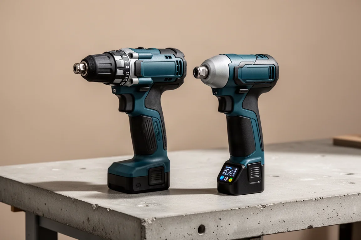Two Makita four-mode impact drivers side by side on a concrete workshop bench