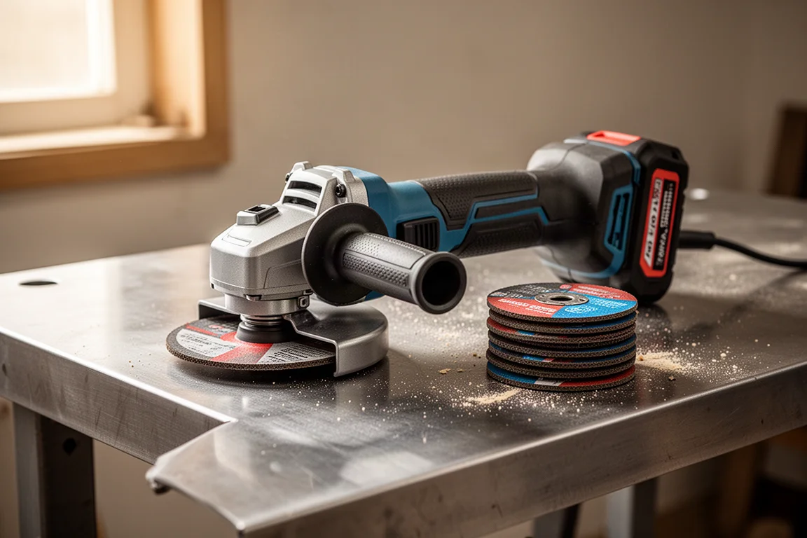 Cordless angle grinder resting on a workbench beside cutting discs