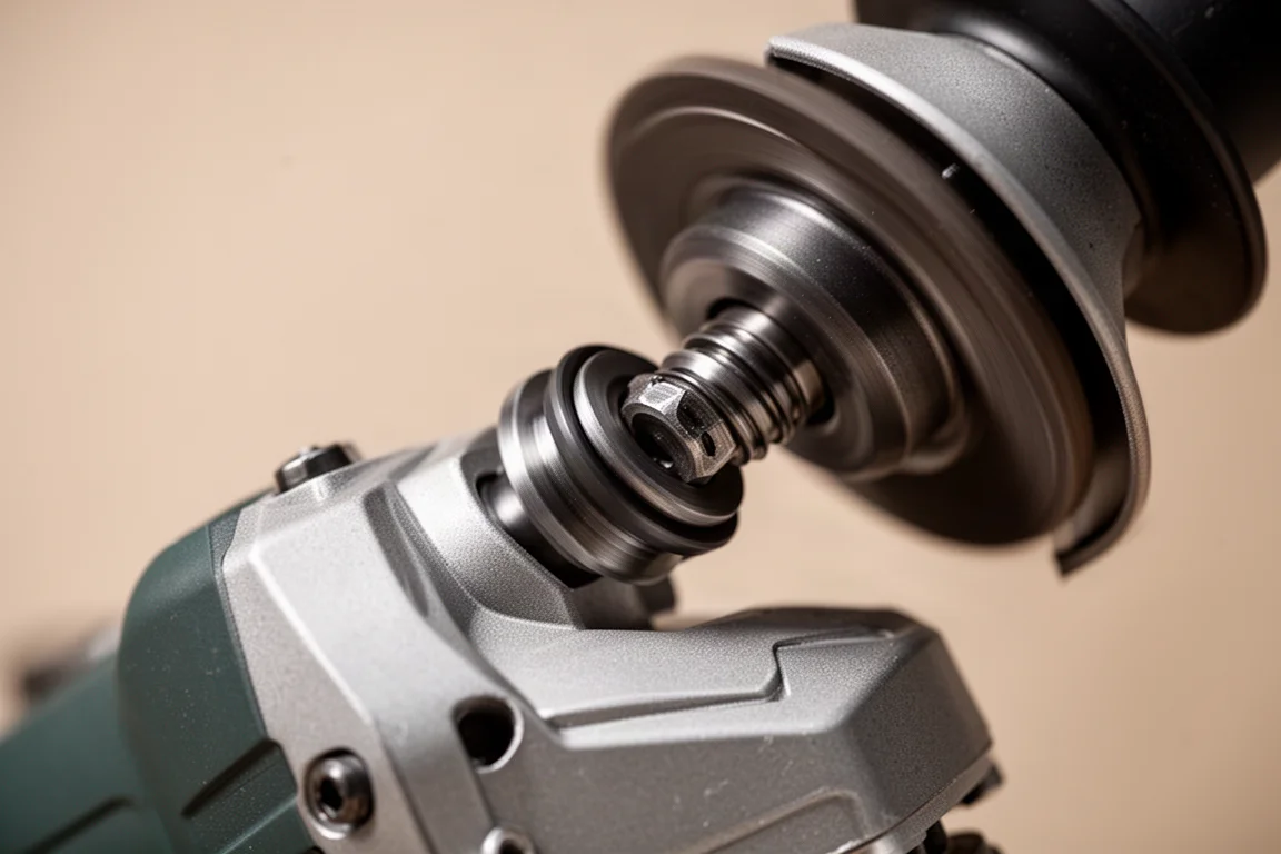 Close-up of an X-LOCK attachment interface on an angle grinder