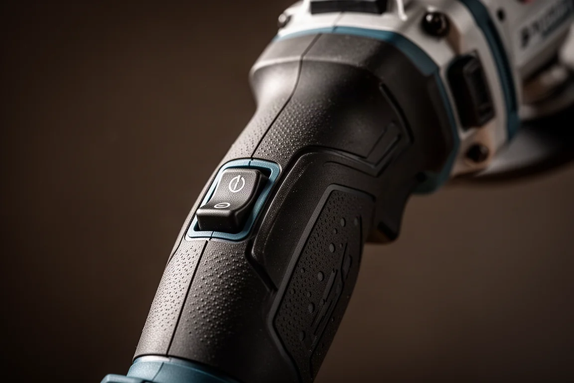 Variable speed dial and grip area of a cordless angle grinder