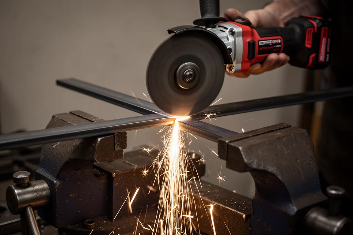 Angle grinder cutting steel with bright sparks in a workshop
