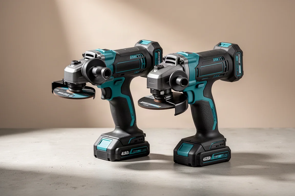 Two Makita XGT cordless angle grinders standing on a concrete surface