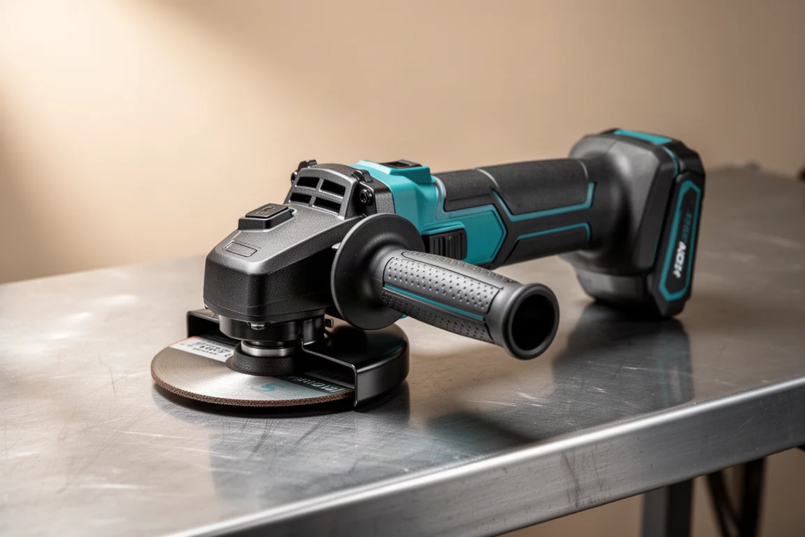 Makita 40V cordless angle grinder on a brushed steel workbench