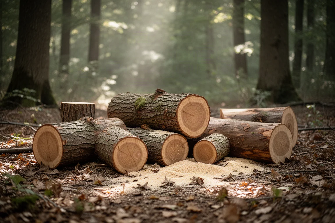 Sägemehl und geschnittene Baumstämme auf einer Waldlichtung bei weichem Licht