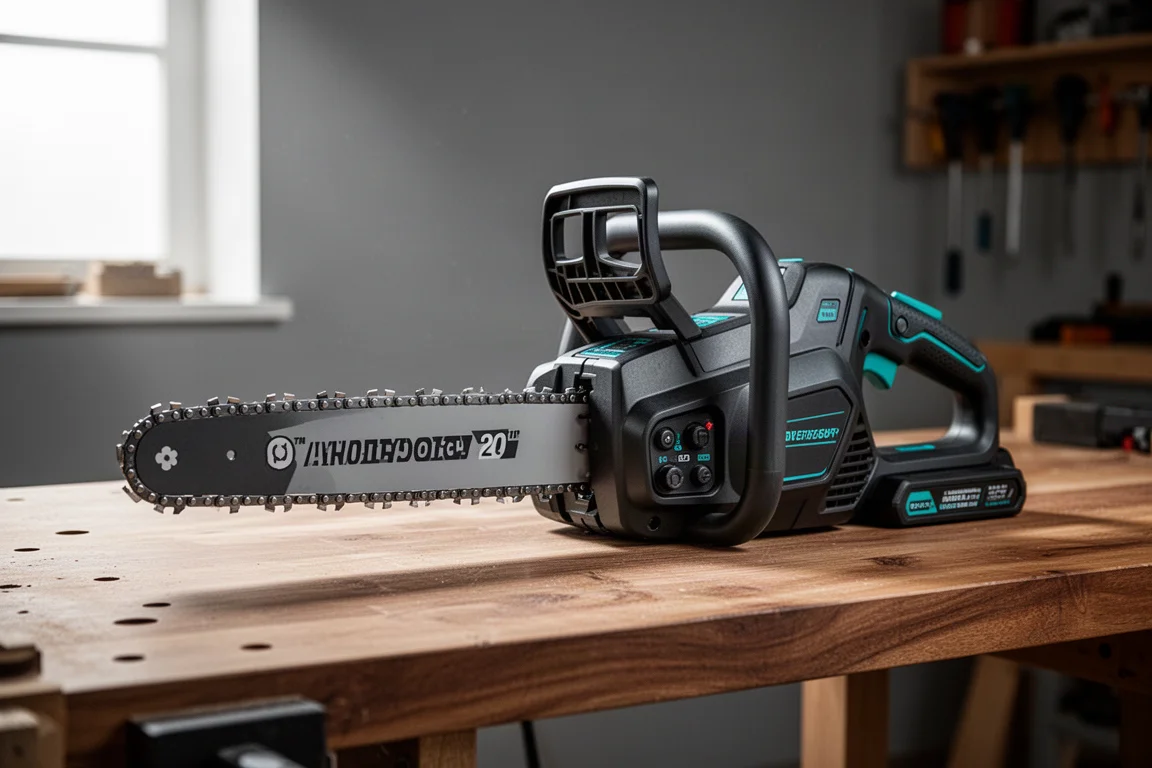 Motosega a batteria Makita GCU08 con barra da 20 pollici su una banca di lavoro in legno