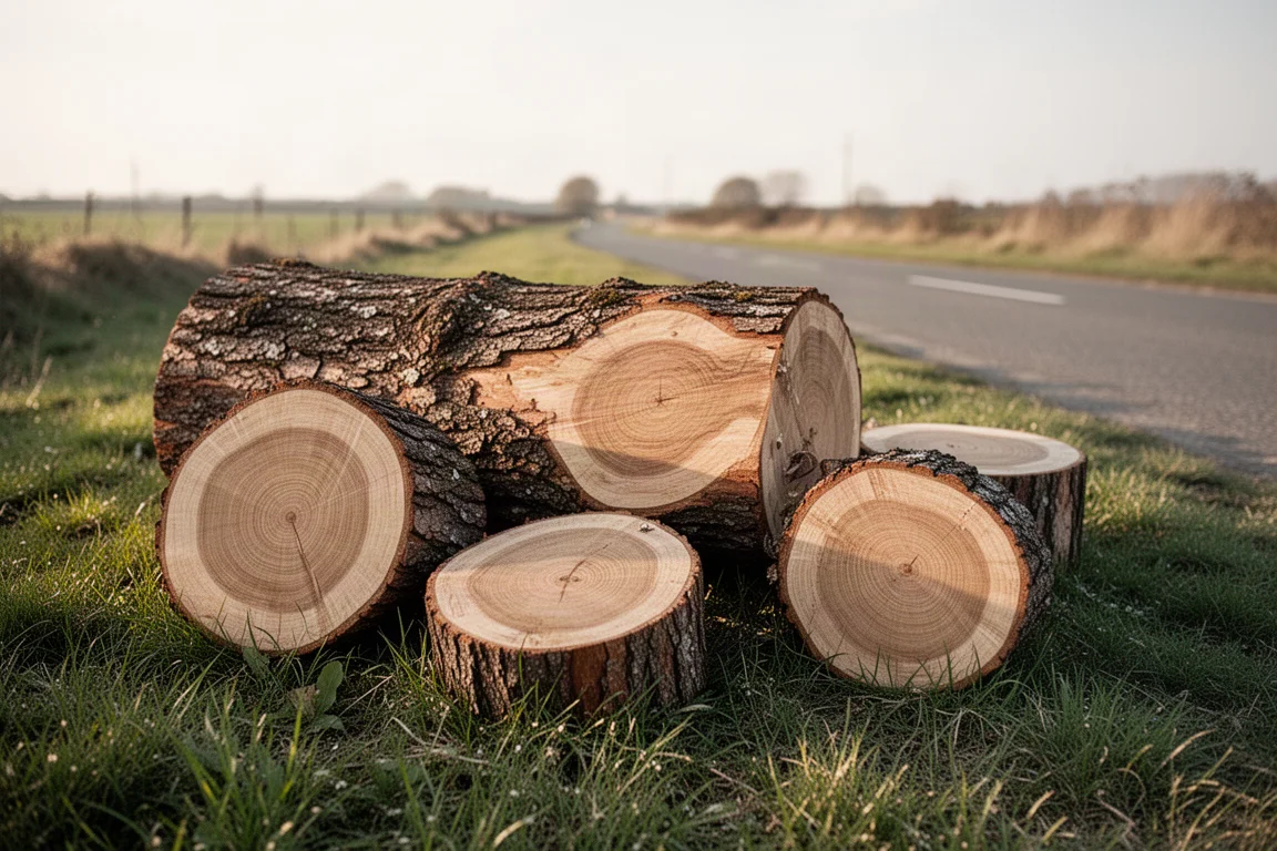 Thick oak log cut into smaller sections on a roadside property