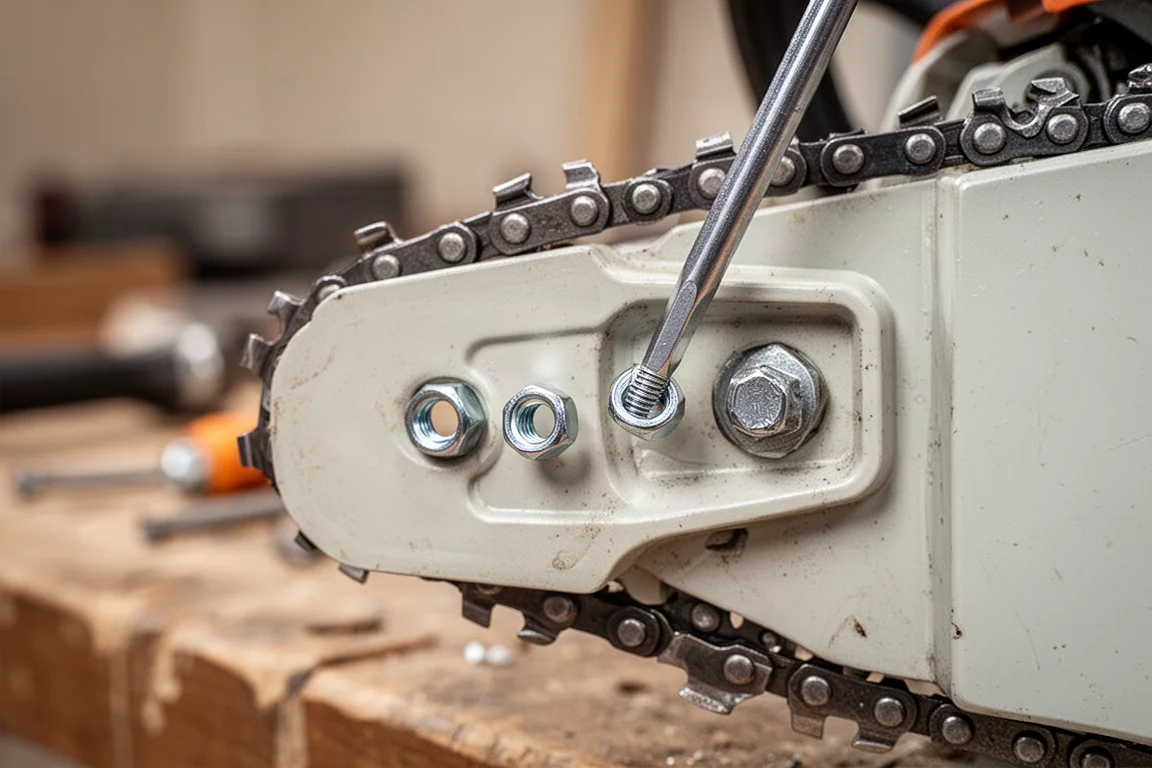Close-up of a chainsaw chain tensioning mechanism with a screwdriver