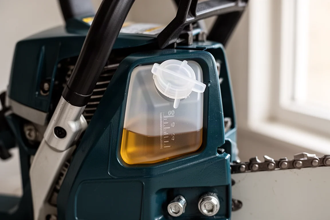 Chainsaw oil reservoir with translucent cap showing oil level