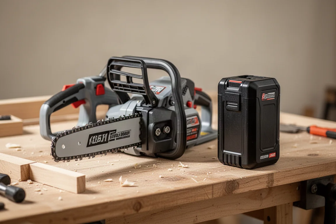 Chainsaw resting on a workbench with a large battery pack beside it