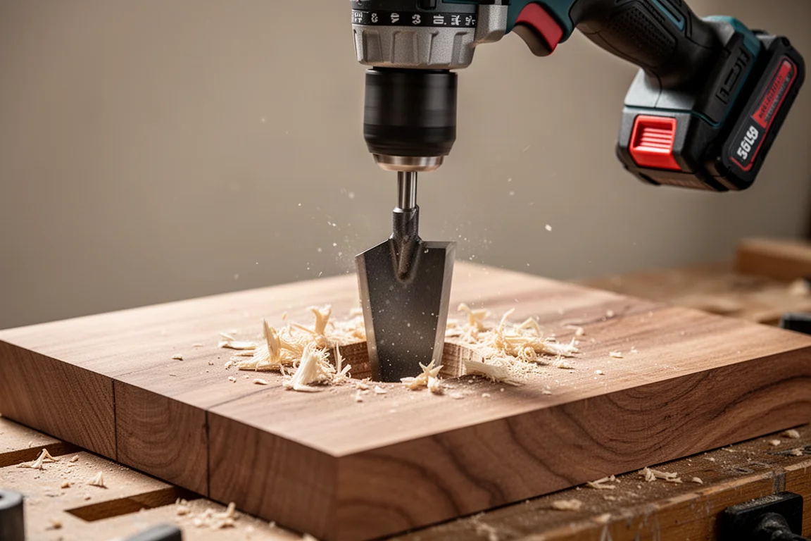 Bohrer treibt einen großen Flachbohrer in ein Holzbrett