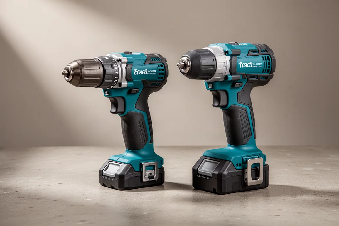 Two teal and black Makita cordless hammer drills side by side on a concrete surface