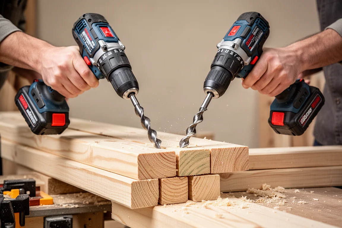 Two cordless hammer drills with auger bits positioned over stacked lumber in a workshop