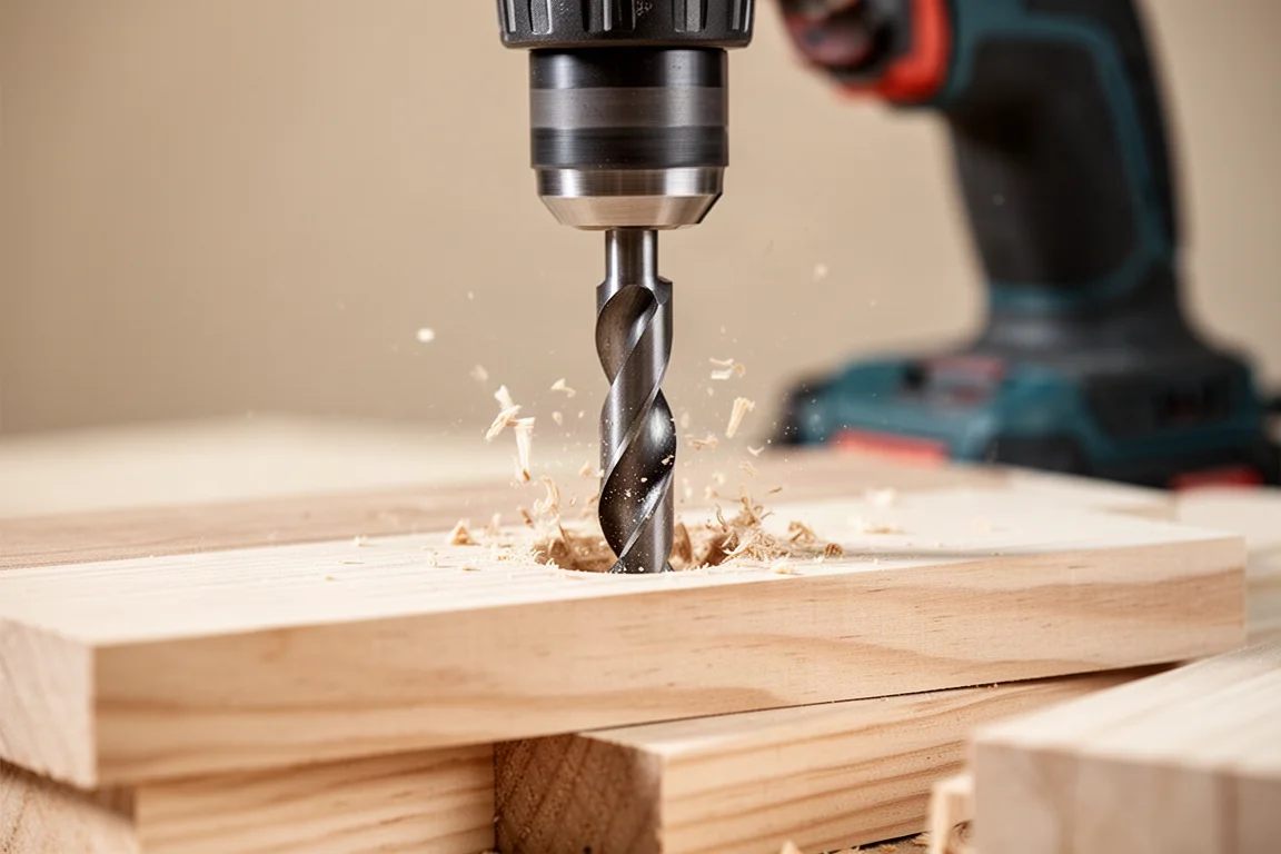 Close-up of a large self-feed drill bit entering a stack of wooden boards
