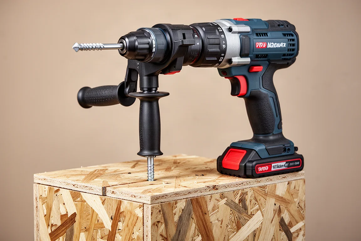 Cordless hammer drill driving a large lag bolt into a stacked OSB block
