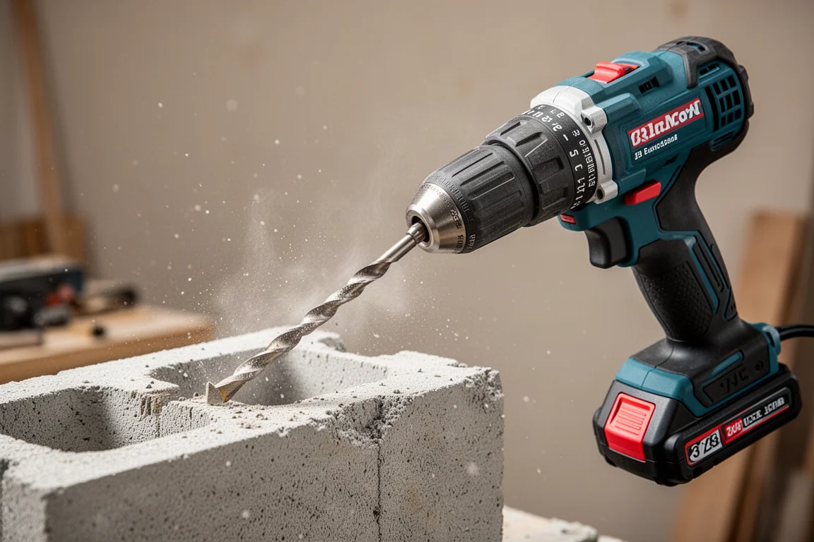 Cordless hammer drill with masonry bit drilling into a cured concrete block