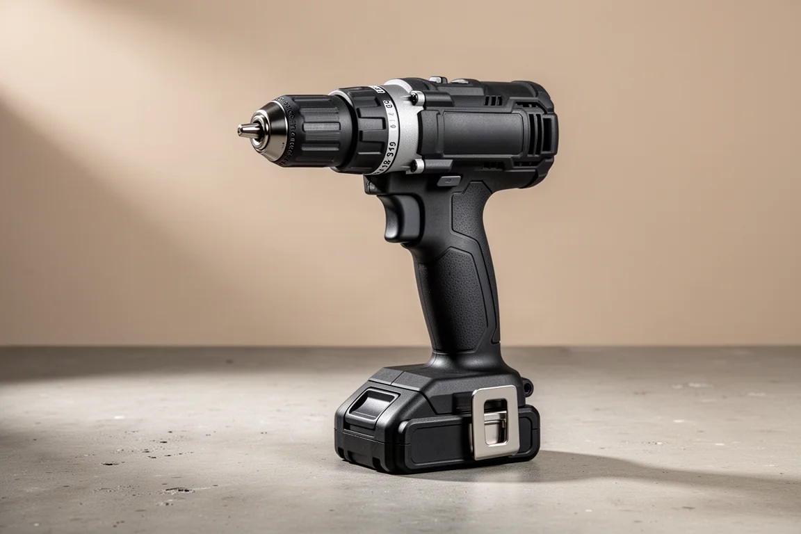 Black 40V cordless hammer drill standing on a concrete workshop surface