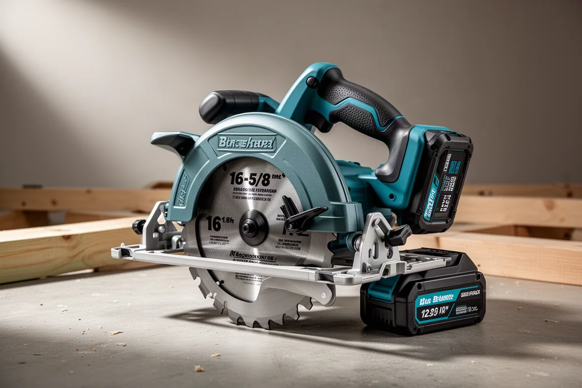 Large teal and black cordless circular saw on a concrete workshop surface
